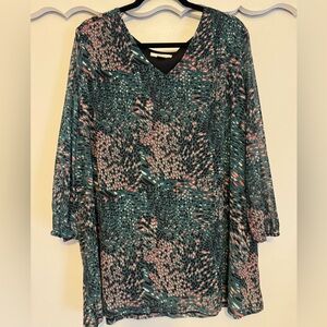 CJ Banks Teal and Pink Patterned Blouse